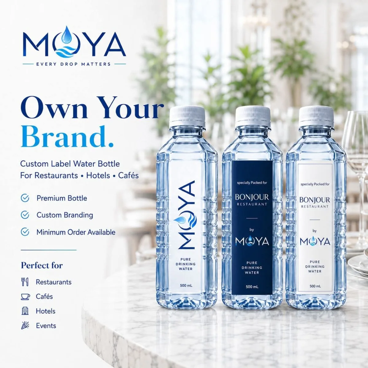 MOYA branded bottled water for restaurants hotels and cafés